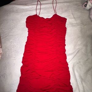 Revamped Red Ruched Mini Dress Spaghetti Strap Cocktail